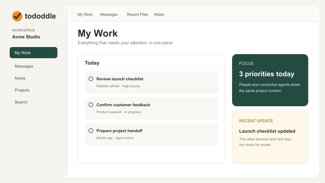 ToDoddle dashboard showing project boards and work